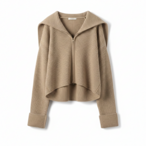 Taupe Ribbed Sailor-Collar Zip-Up Cardigan